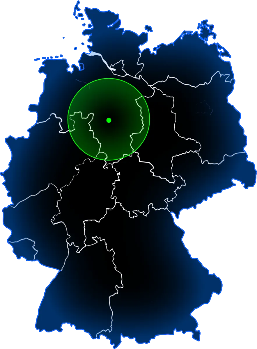 Deutschlandkarte mit markiertem Servicegebiet von DWD Solartechnik rund um Langenhagen.